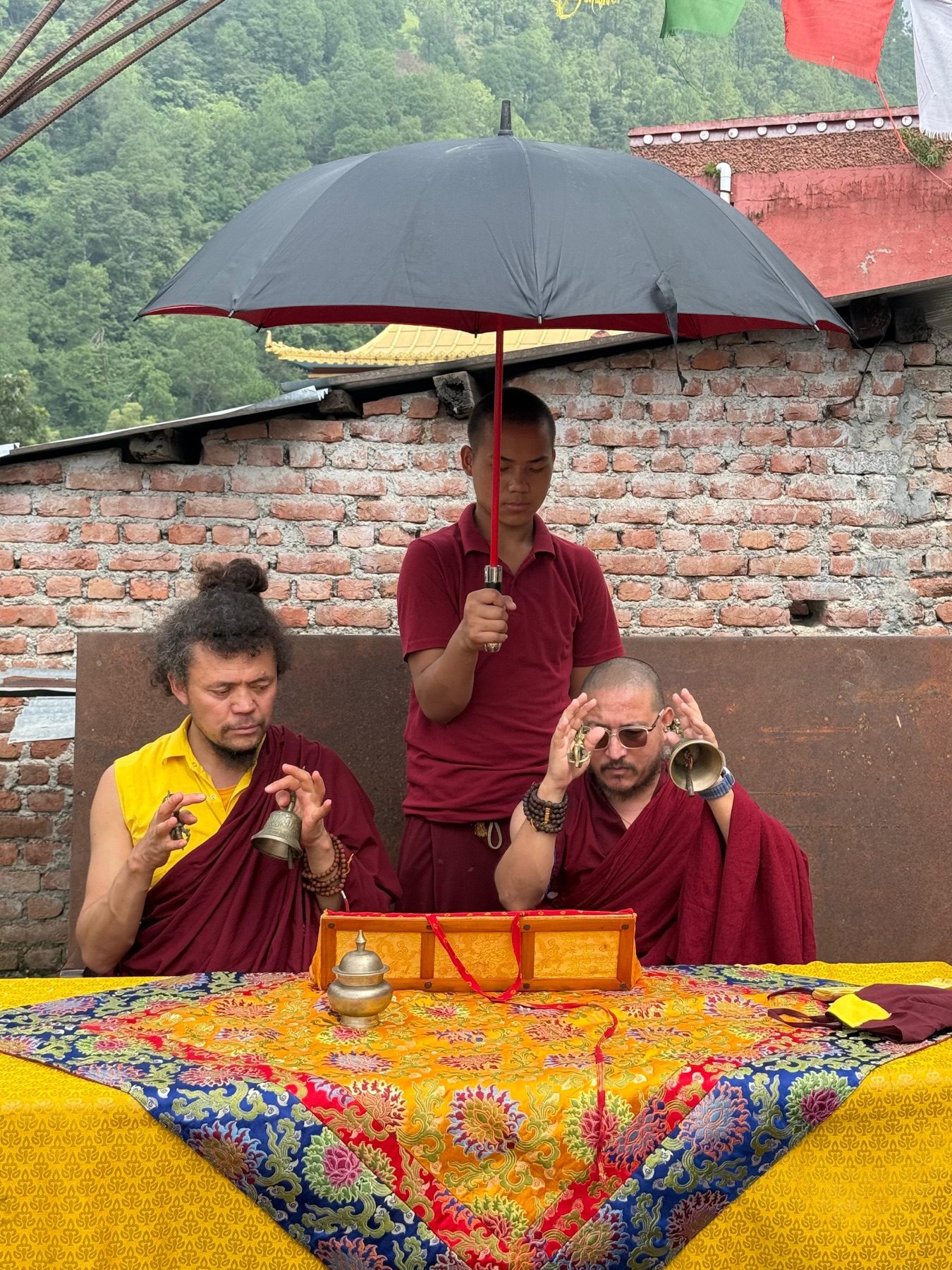 Monks conducting a blessing puja for the construction project